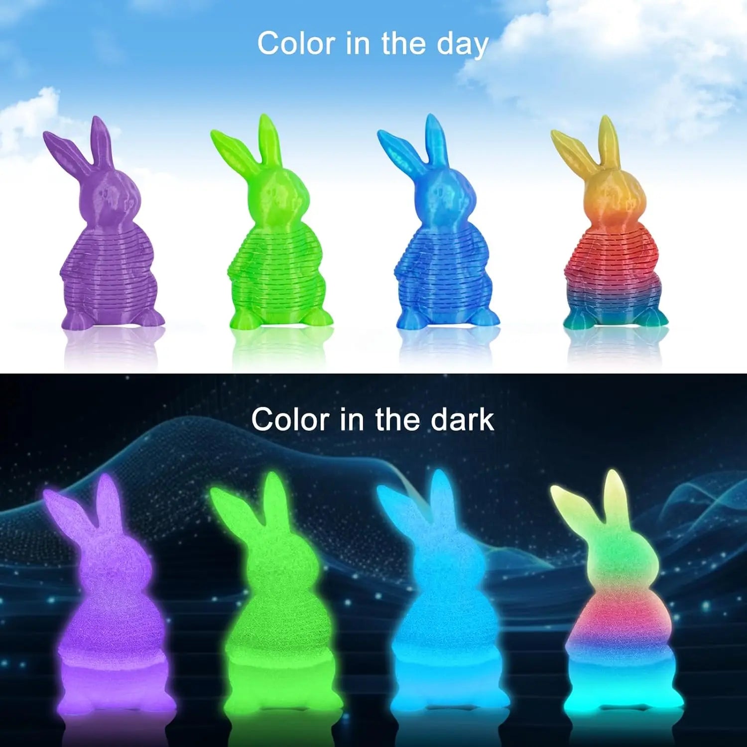Glow in the Dark Filament Multicolor, Green, Blue, Purple and Rainbow, PLA Filament 1.75 Mm, 3D Printer Filament Bundle,