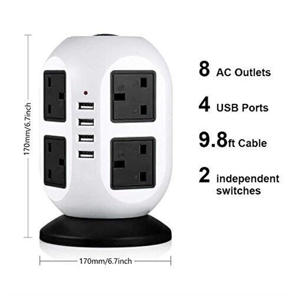 8 Way Switched Surge Protected Tower Extension Lead UK Mains Plug Socket 4 USB