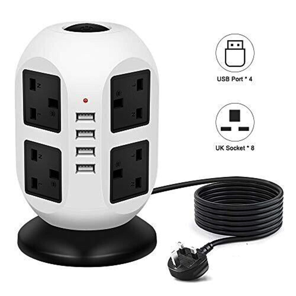 8 Way Switched Surge Protected Tower Extension Lead UK Mains Plug Socket 4 USB