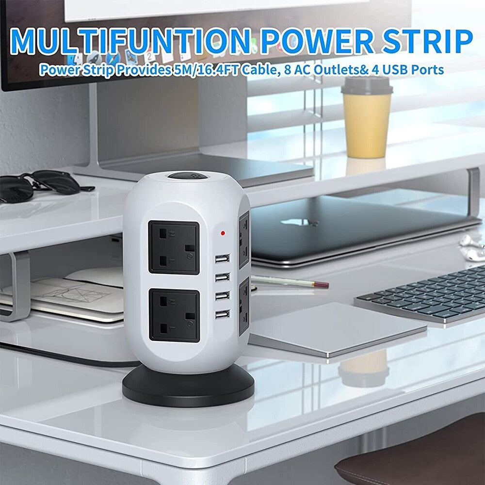 8 Way Switched Surge Protected Tower Extension Lead UK Mains Plug Socket 4 USB