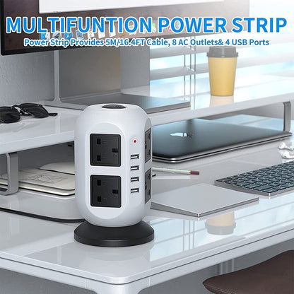 8 Way Switched Surge Protected Tower Extension Lead UK Mains Plug Socket 4 USB
