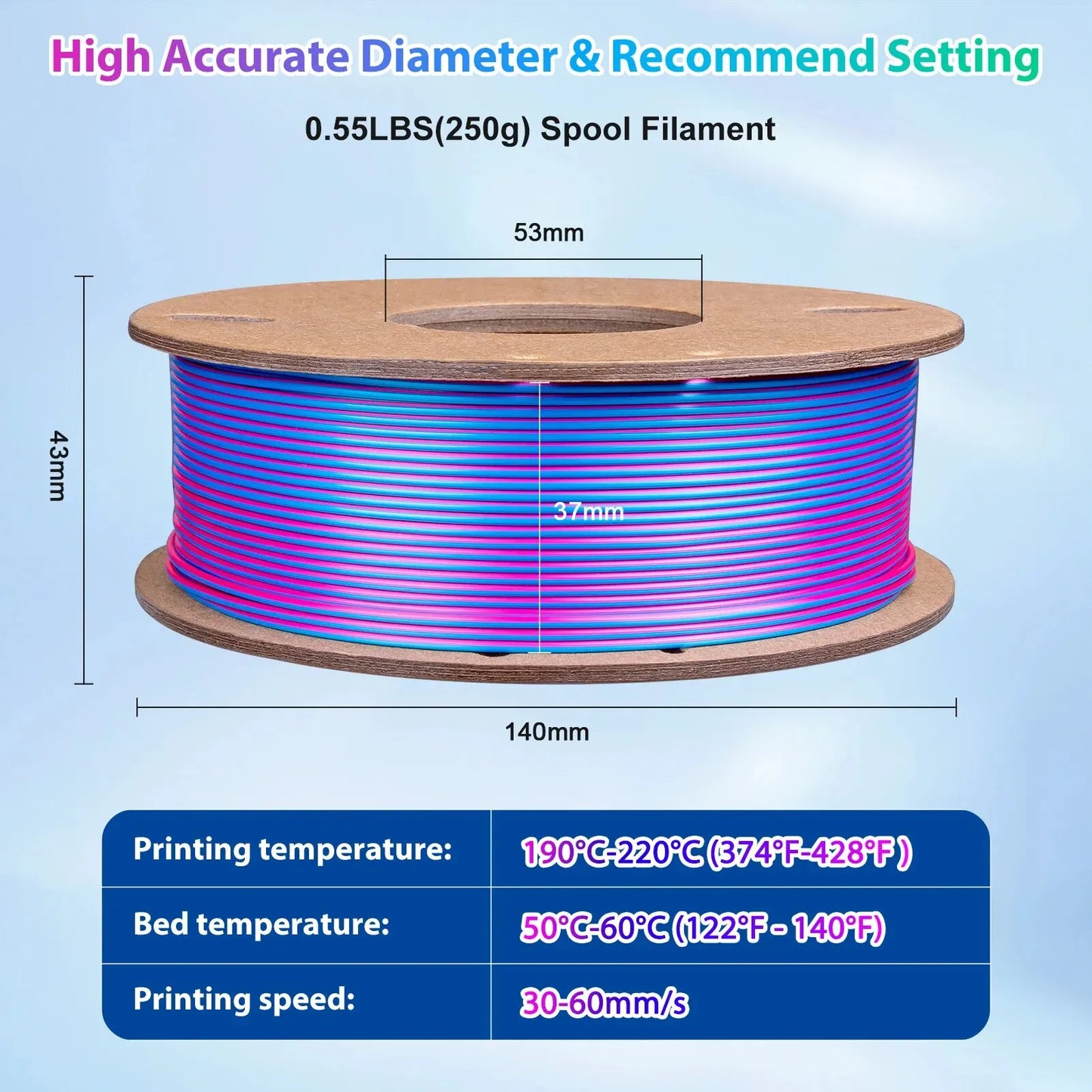 Silk PLA 3D Printer Filament 1.75Mm Triple Color Silk PLA Filament 3D Printing Filament 250G 3 In1 Color Rose Red Sky Blue Green