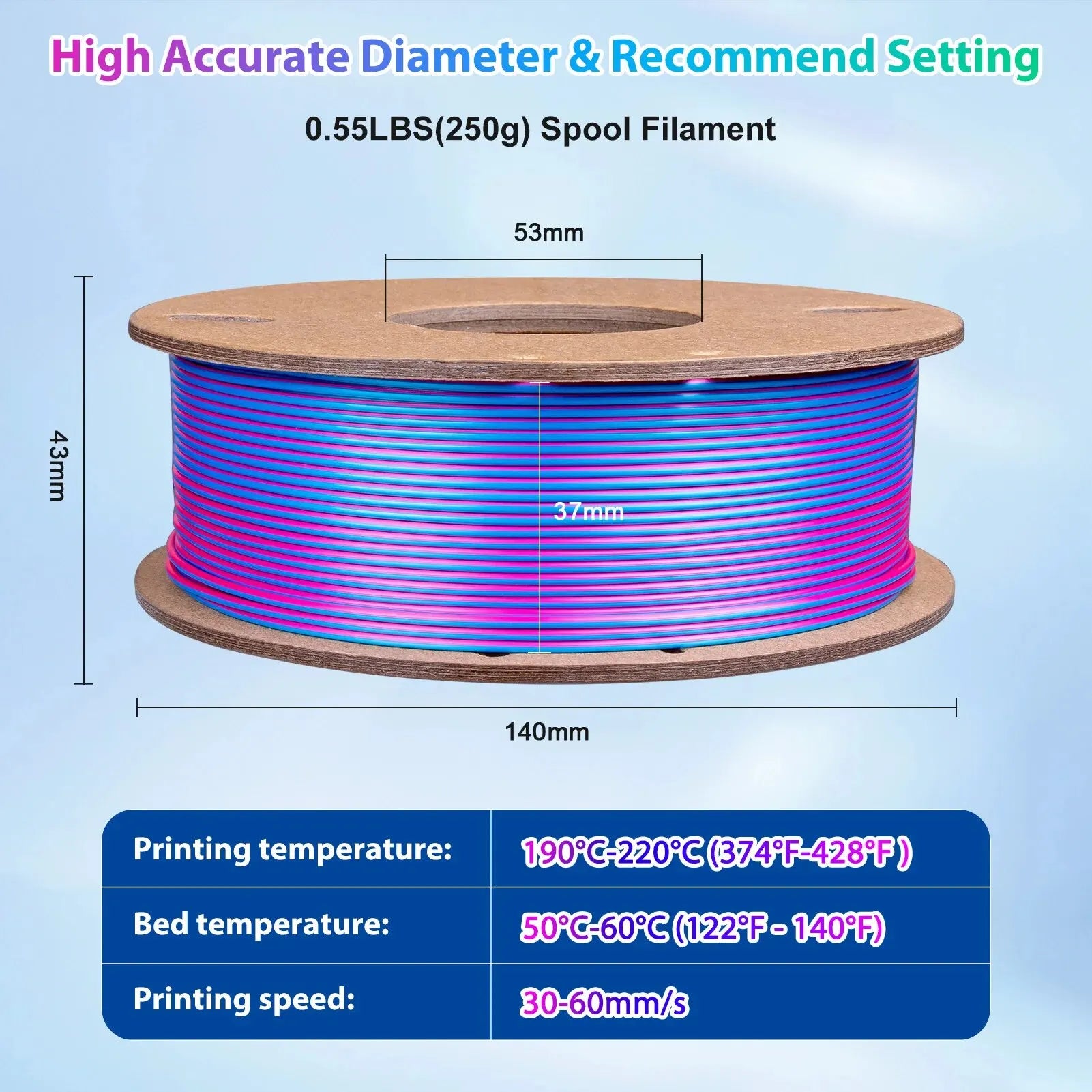 Silk PLA 3D Printer Filament 1.75Mm Triple Color Silk PLA Filament 3D Printing Filament 250G 3 In1 Color Rose Red Sky Blue Green