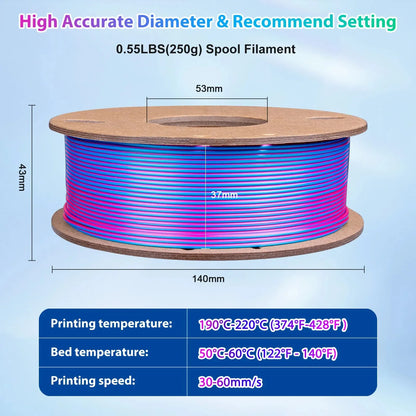 Silk PLA 3D Printer Filament 1.75Mm Triple Color Silk PLA Filament 3D Printing Filament 250G 3 In1 Color Rose Red Sky Blue Green