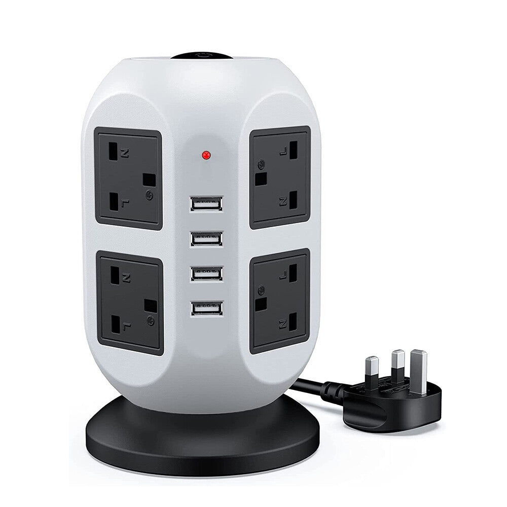 8 Way Switched Surge Protected Tower Extension Lead UK Mains Plug Socket 4 USB