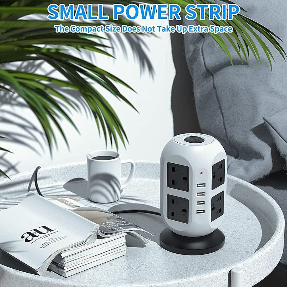 8 Way Switched Surge Protected Tower Extension Lead UK Mains Plug Socket 4 USB