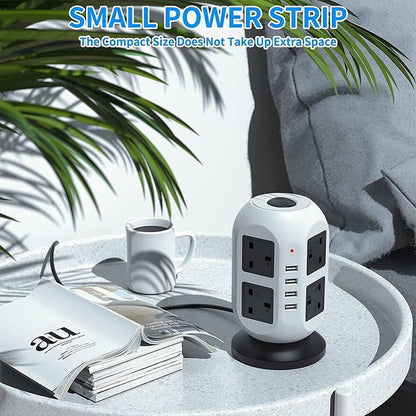 8 Way Switched Surge Protected Tower Extension Lead UK Mains Plug Socket 4 USB