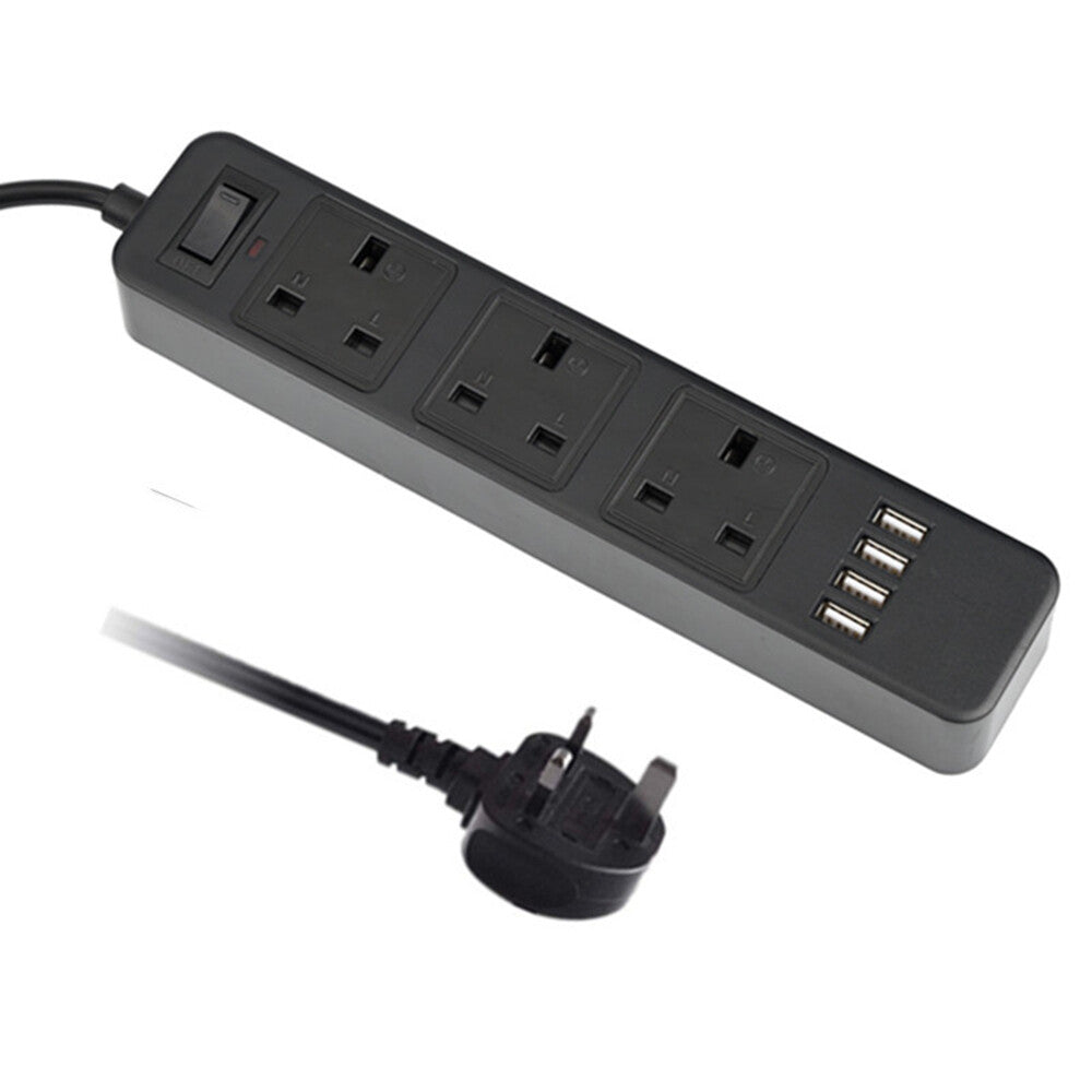 8 Way Switched Surge Protected Tower Extension Lead UK Mains Plug Socket 4 USB
