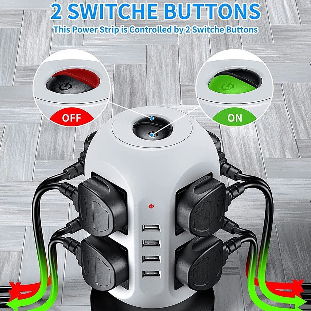 8 Way Switched Surge Protected Tower Extension Lead UK Mains Plug Socket 4 USB