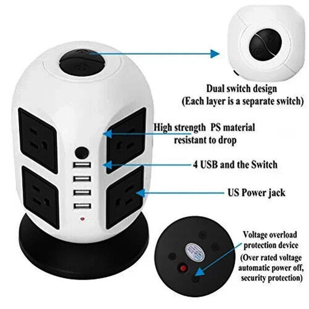 8 Way Switched Surge Protected Tower Extension Lead UK Mains Plug Socket 4 USB